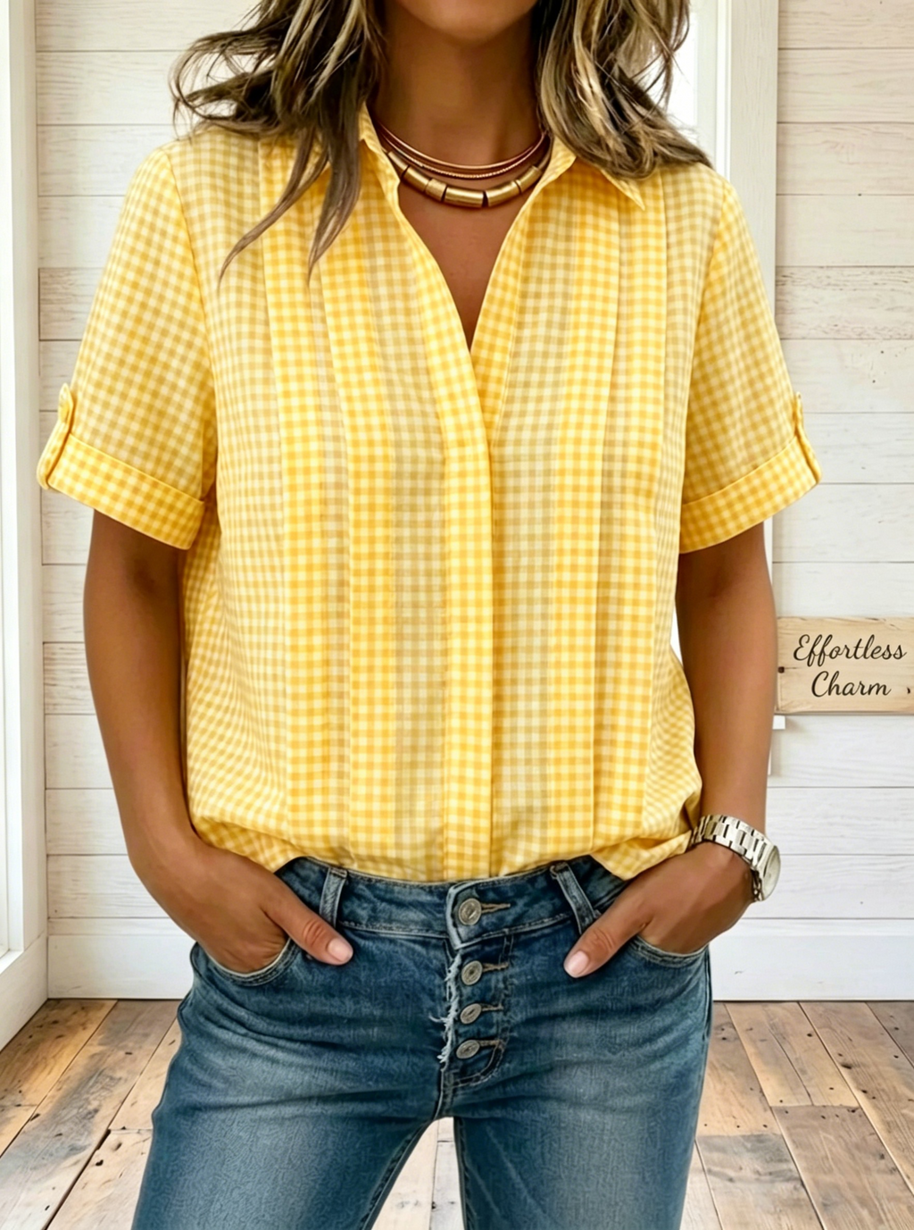 New Arrivals🔥Women’s Casual Lapel Pleated Gingham Checkered Shirt