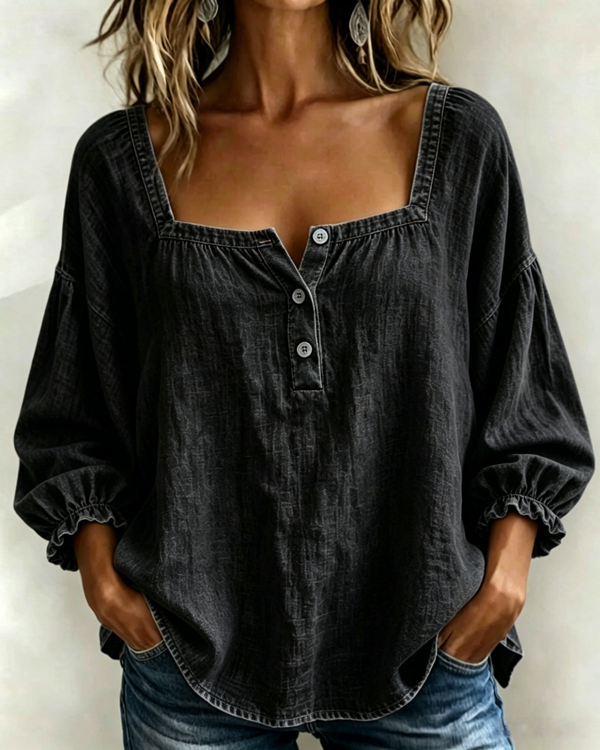 Today 57% OFF 🔥 Women’s Denim Square-Neck Three-Quarter Sleeve Top