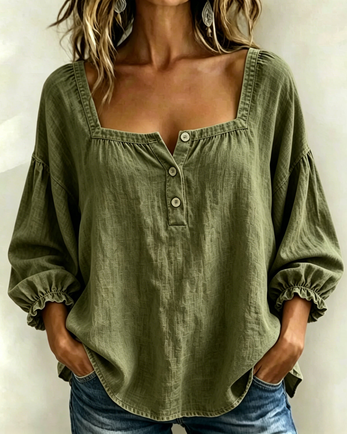 Today 57% OFF 🔥 Women’s Denim Square-Neck Three-Quarter Sleeve Top