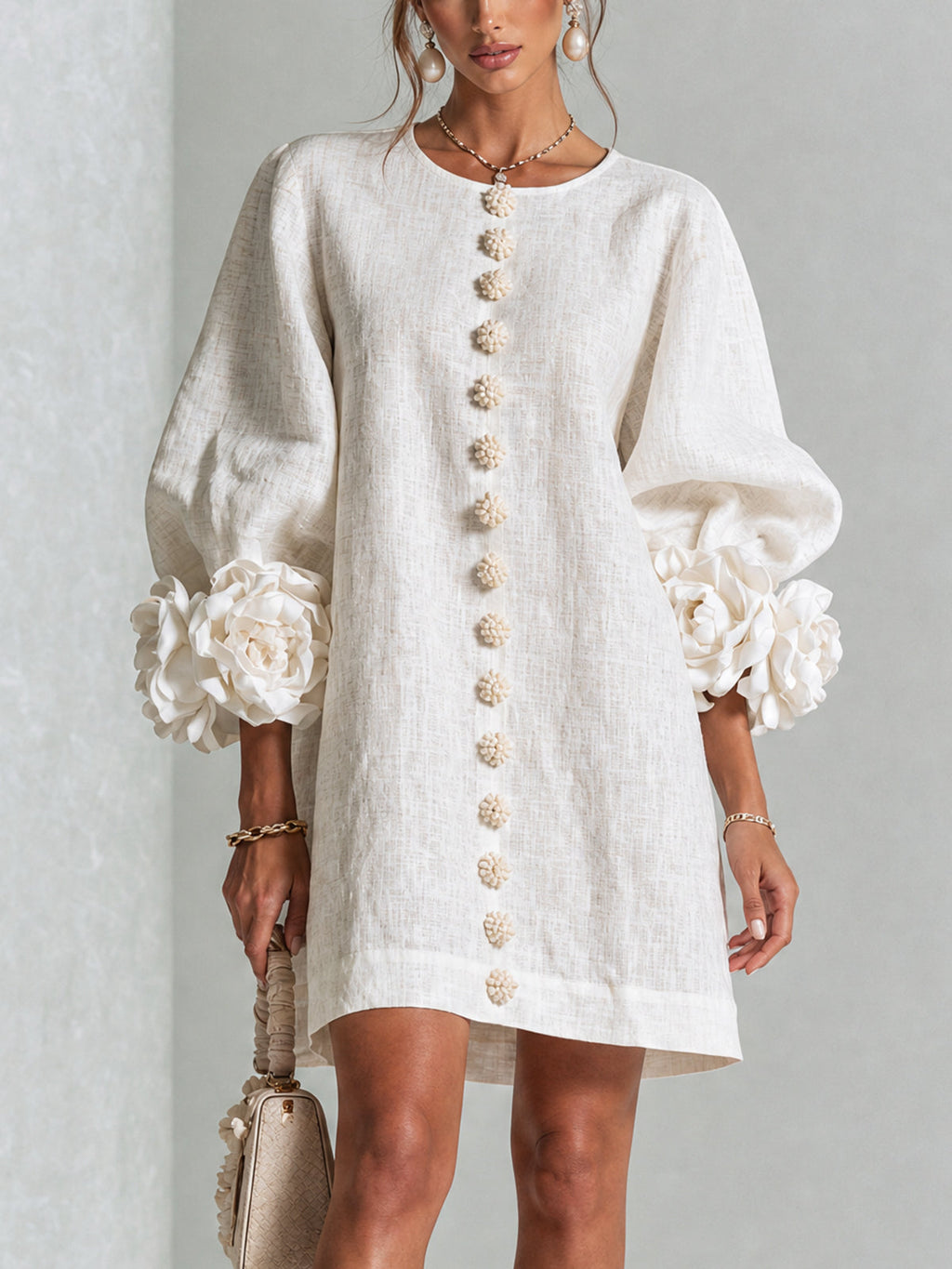 💝💝Premium Puff Sleeve French Elegant Striking Floral Cuffs O-Neck Mini Dress