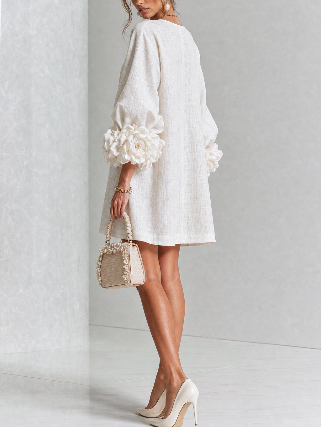 💝💝Premium Puff Sleeve French Elegant Striking Floral Cuffs O-Neck Mini Dress