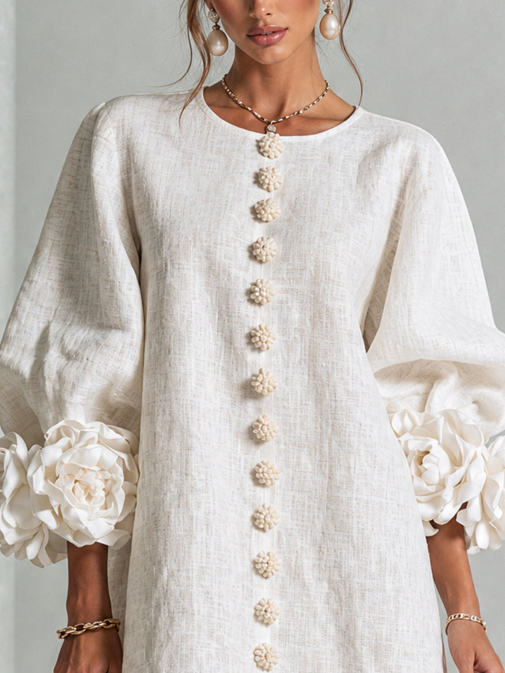 💝💝Premium Puff Sleeve French Elegant Striking Floral Cuffs O-Neck Mini Dress