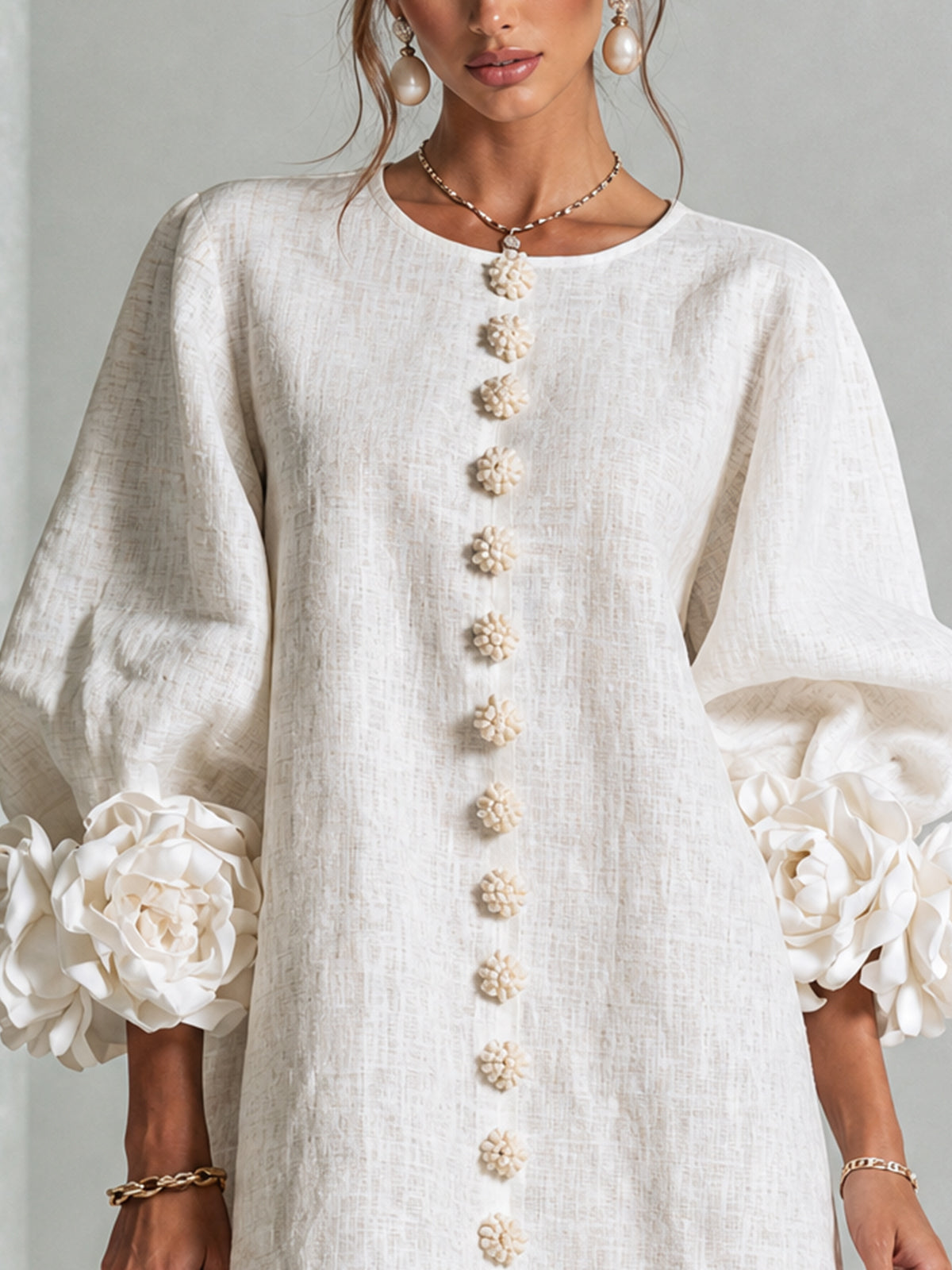 💝💝Premium Puff Sleeve French Elegant Striking Floral Cuffs O-Neck Mini Dress
