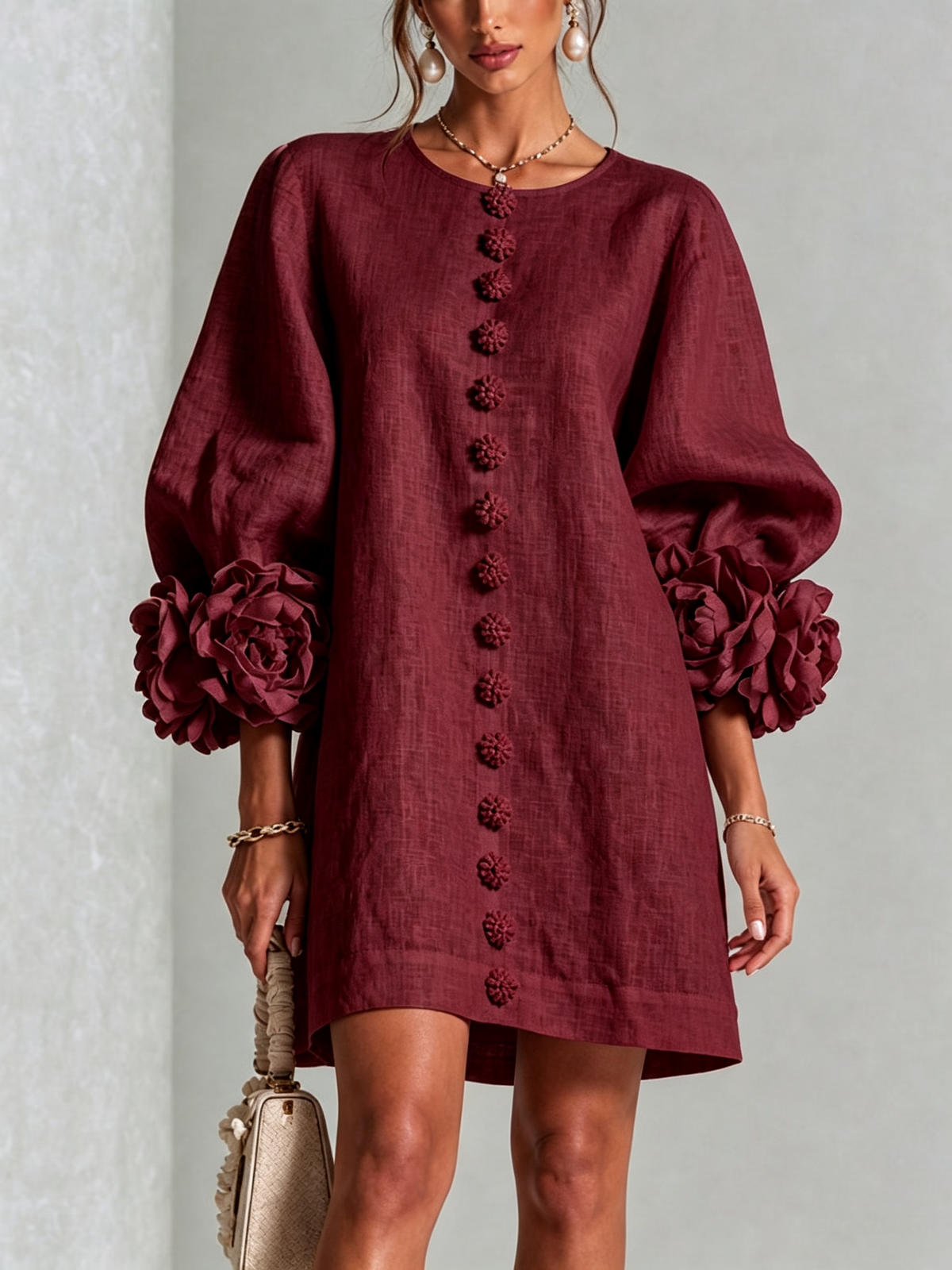 💝💝Premium Puff Sleeve French Elegant Striking Floral Cuffs O-Neck Mini Dress