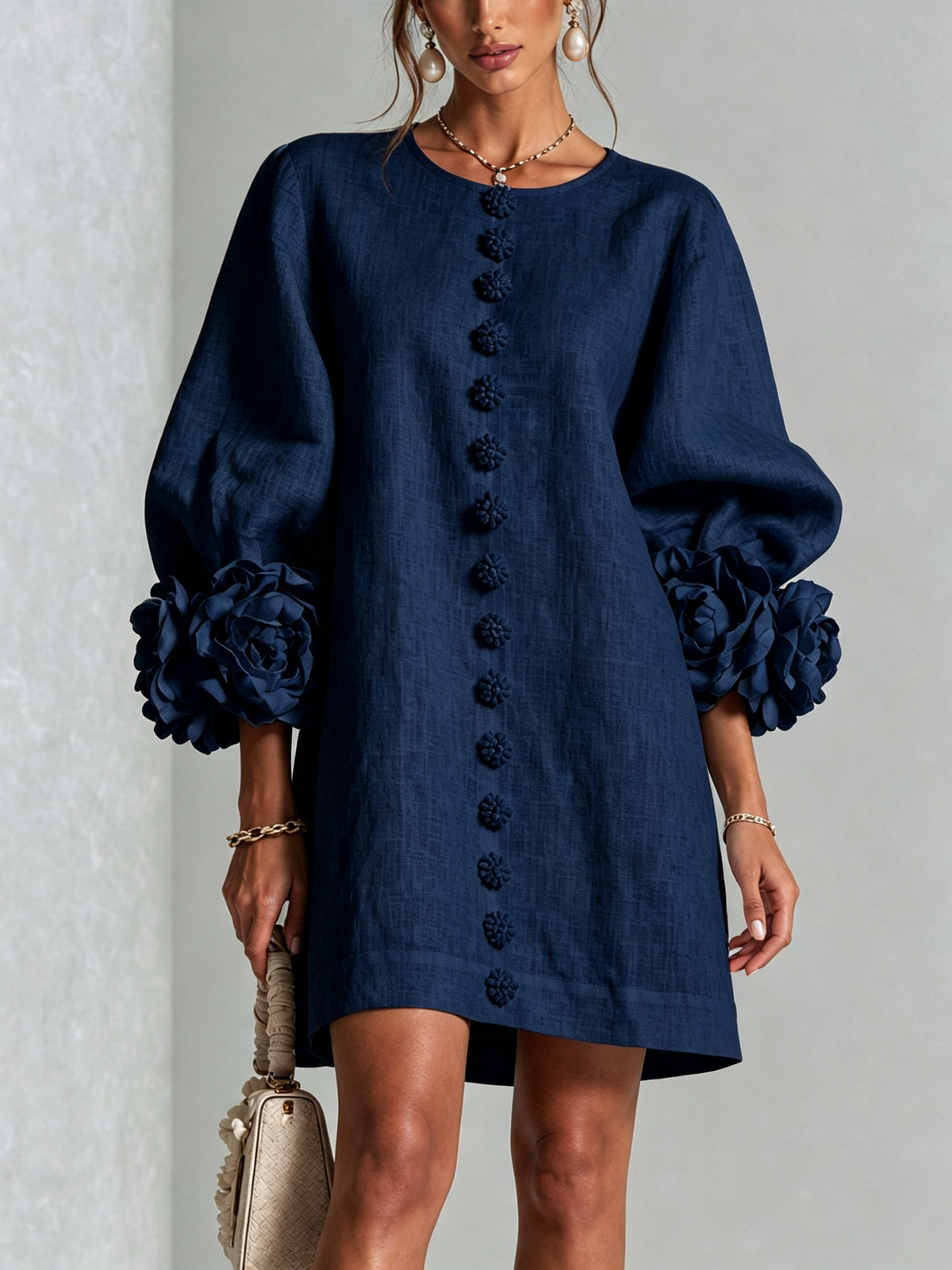 💝💝Premium Puff Sleeve French Elegant Striking Floral Cuffs O-Neck Mini Dress