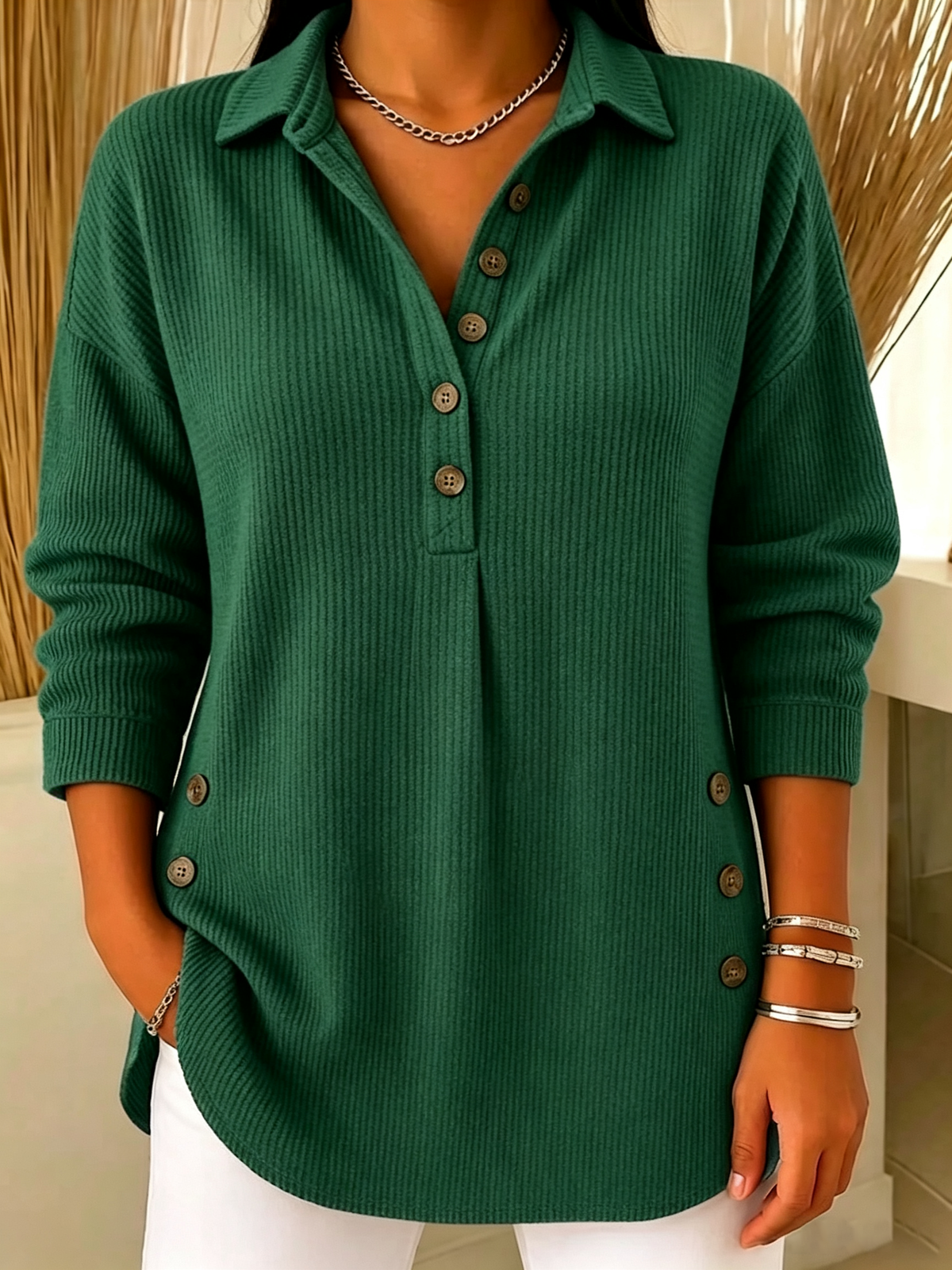 Women's Ribbed Knit Lapel Collar Tops - Casual V-Neck Button Down Shirts with Decorative Side Buttons(📦Buy 2 Free Shipping & 10% OFF)
