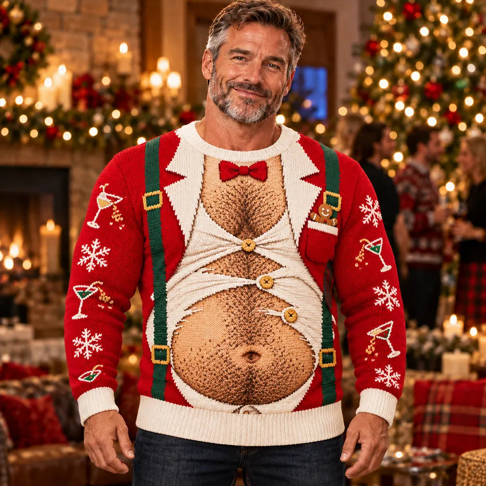 Men's Funny Hairy Chest And Tuxedo Pattern Crewneck Knit Sweater