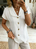 Women's Cotton Linen Loose Solid Color Short Sleeves Shirt
