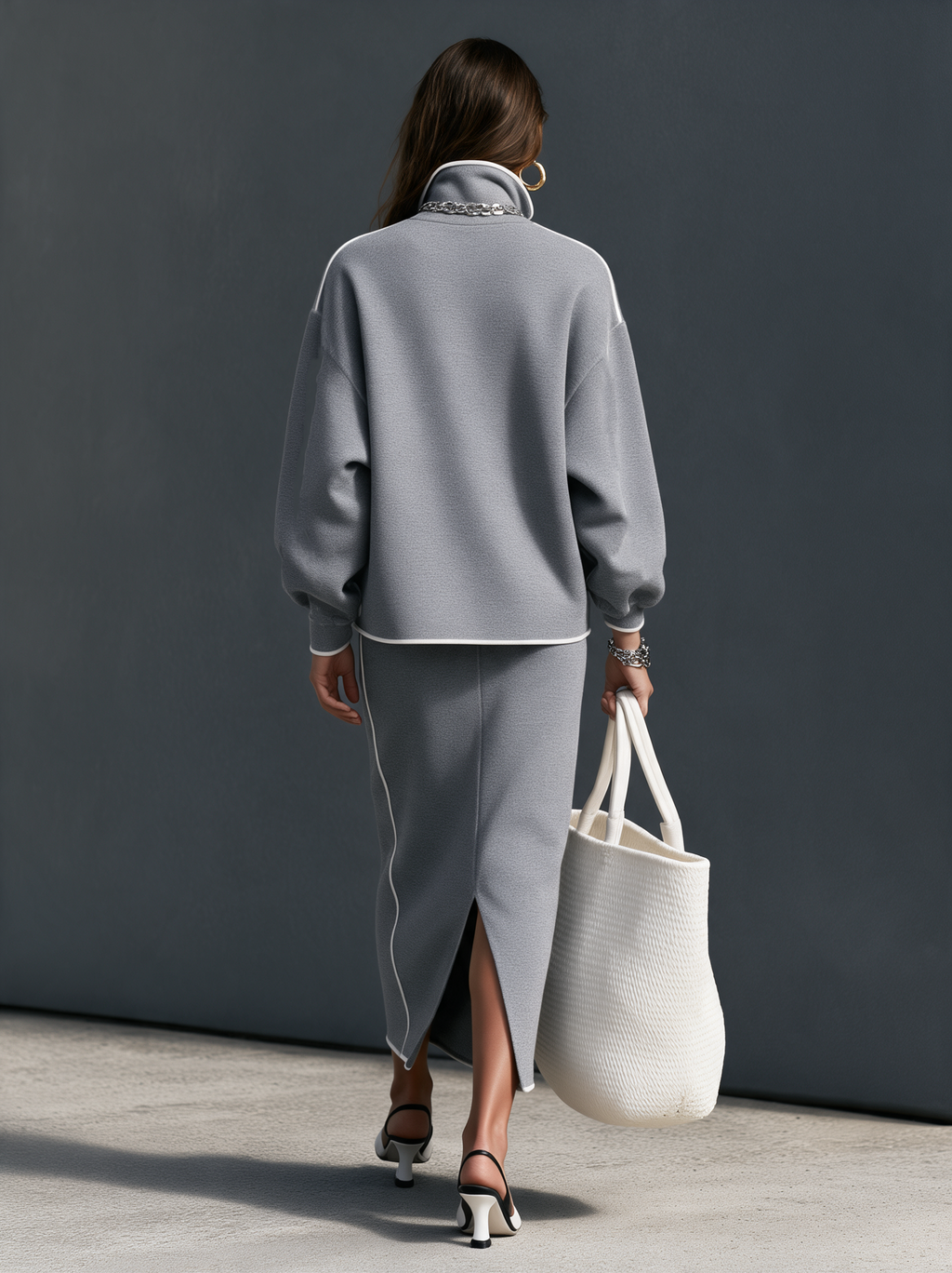 Women's Casual Grey Scuba-Knit Long-Sleeve Top And Skirt Two-Piece Set