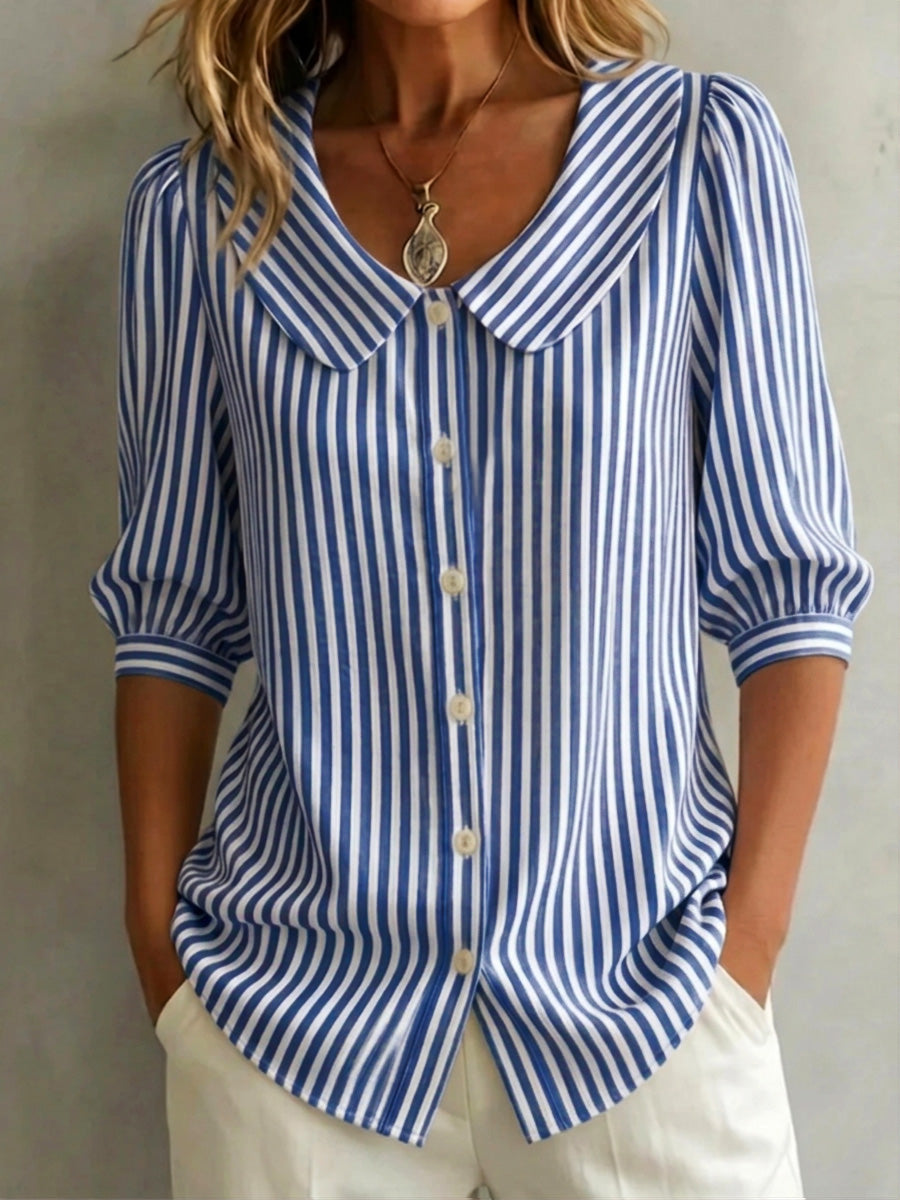 New Arrivals 🔥 Women's Retro Peter Pan Collar Striped Cotton Linen Shirt