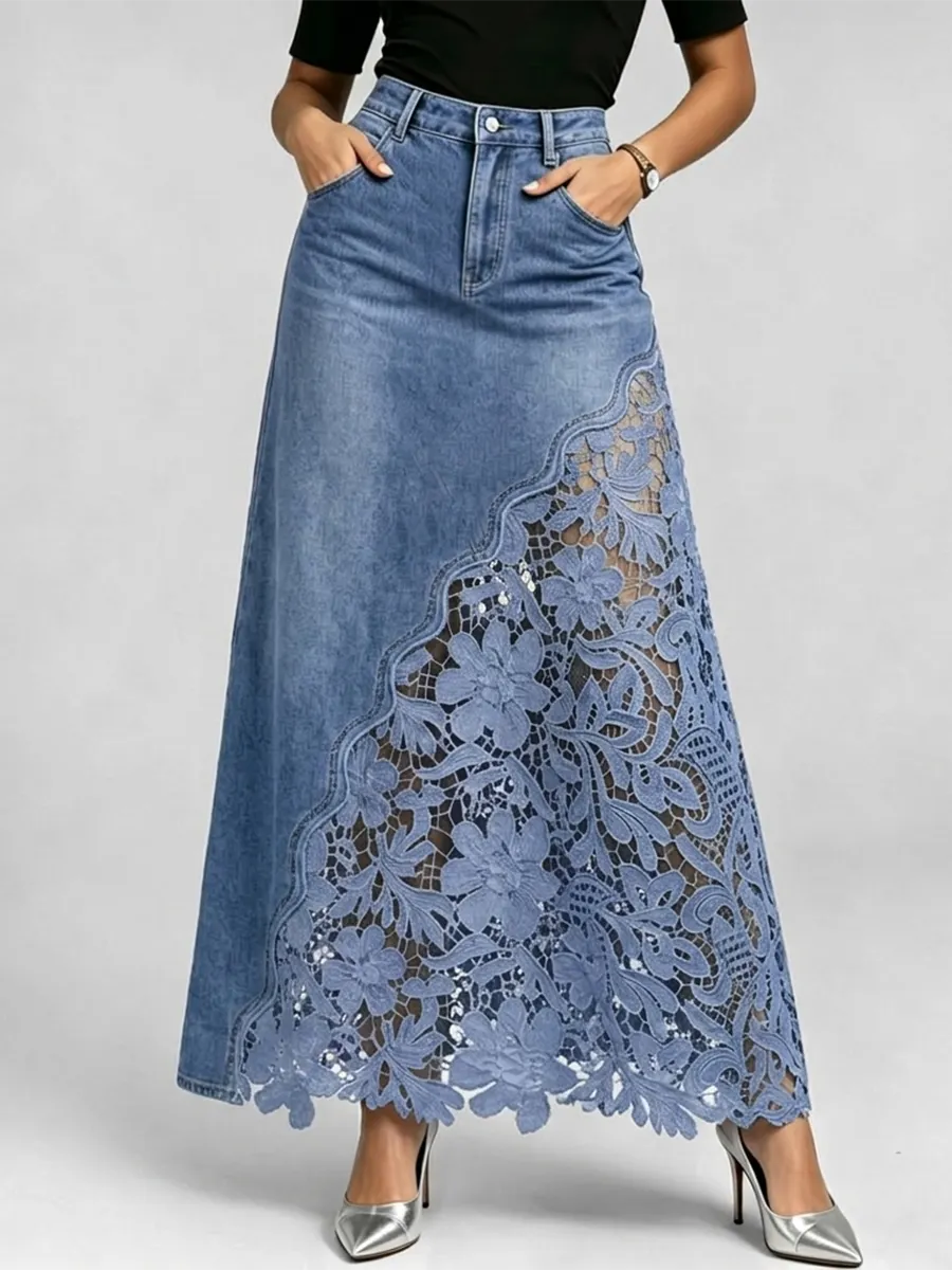 Stylish & Sexy ❤️‍🔥 Lace-paneled Cutout Denim Skirt