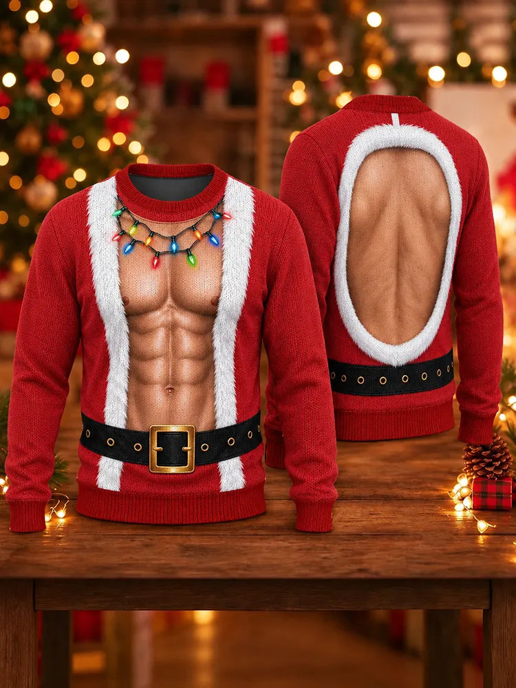 Men's Retro Christmas Muscle Light Belt 3d Printed Crew Neck Sweater