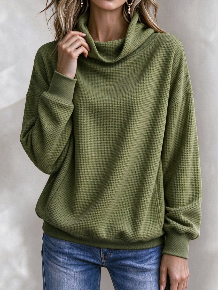 Women’s Waffle Knit Cowl Neck Pullover Sweater – Casual Loose Long Sleeve Turtleneck Sweatshirt