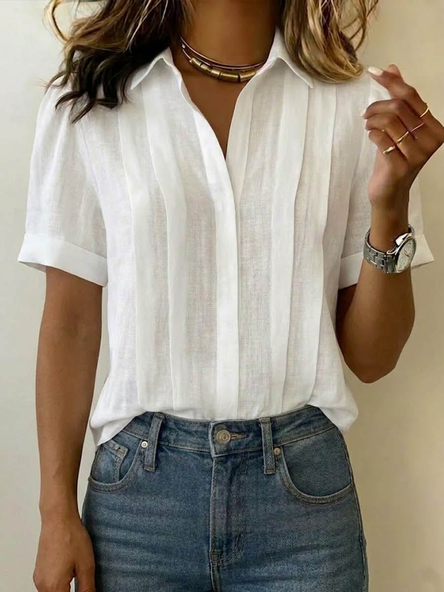 Mother's Day Gift❤Women's Lapel Short-sleeved Casual Loose Pleated Cotton And Linen Shirt