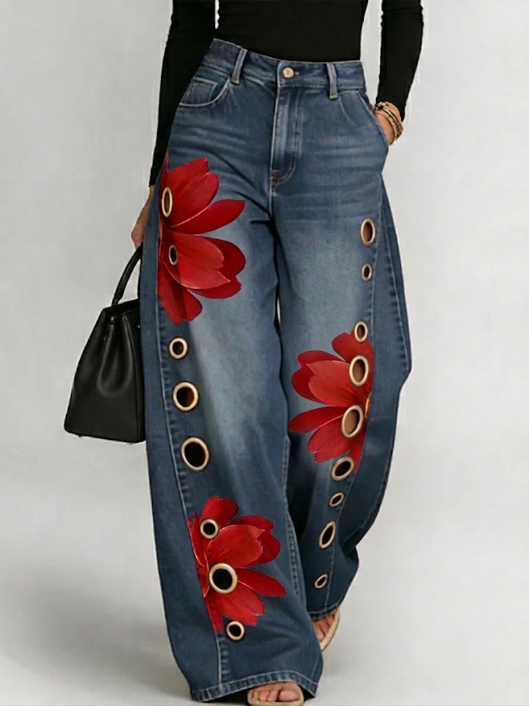 Women's Retro  Art Print Casual & Stylish Distressed Jeans