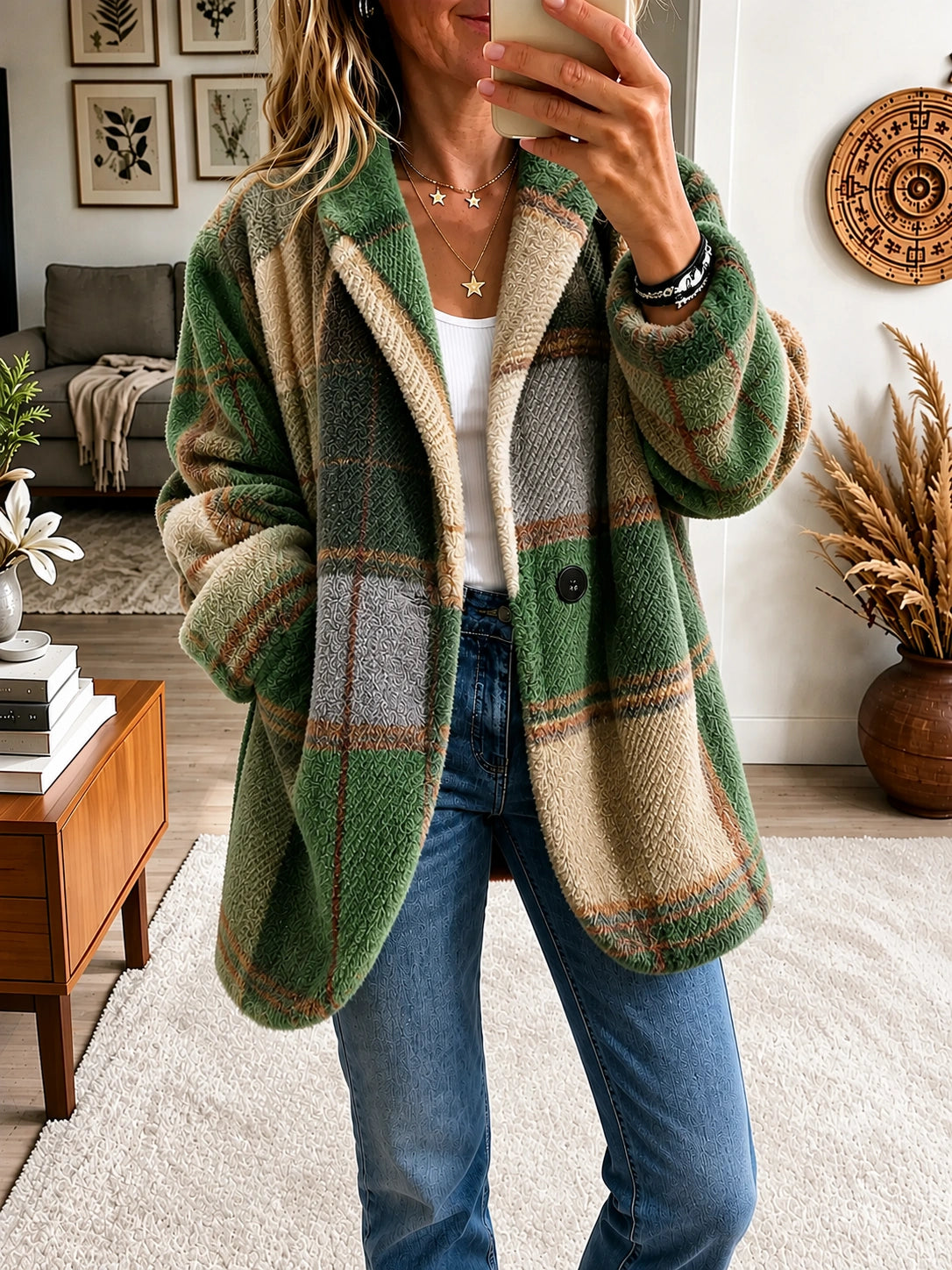 Autumn Winter Lazy Loose Vibrant Plaid Fuzzy Fleece Jacket
