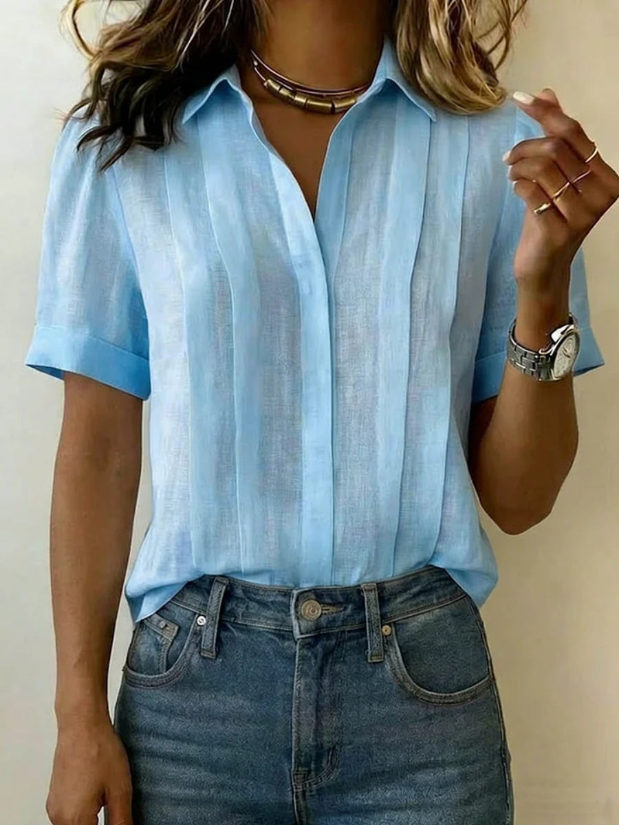 Mother's Day Gift❤Women's Lapel Short-sleeved Casual Loose Pleated Cotton And Linen Shirt