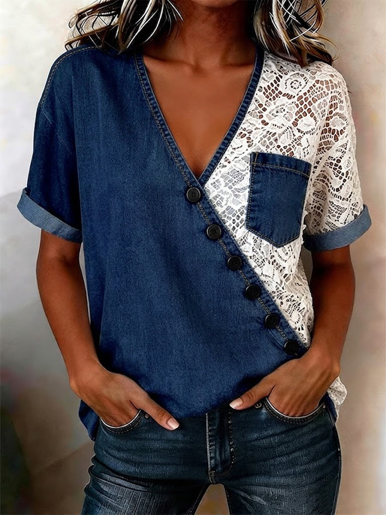 Casual Spliced lace Denim Top