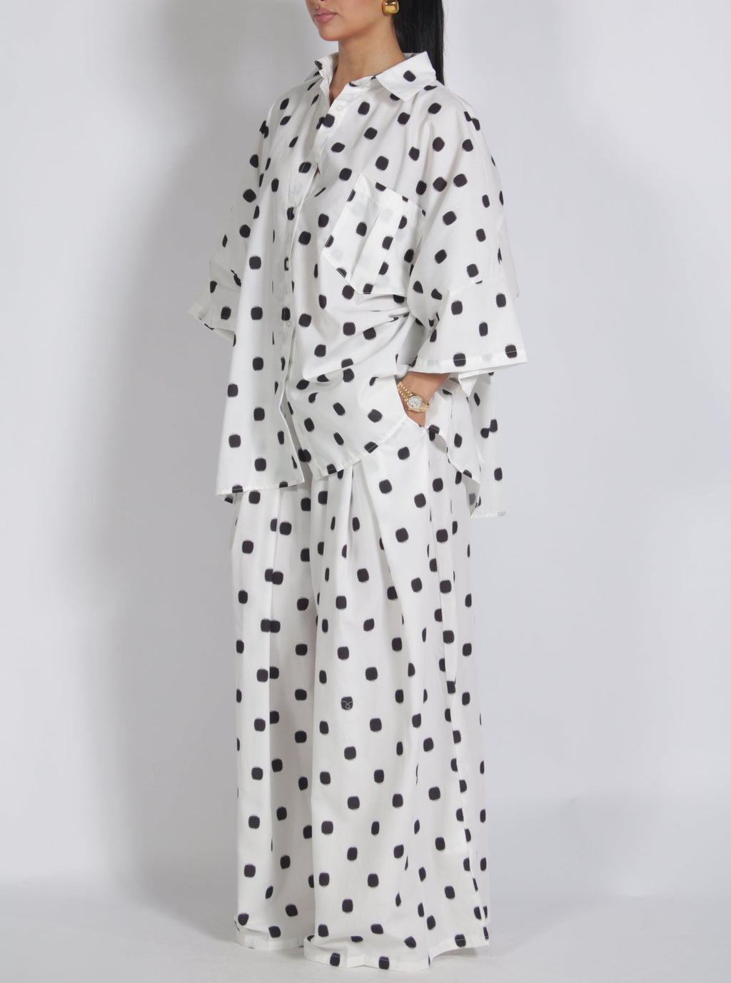 Polka Dot Oversized Shirt & Wide Leg Pants Set