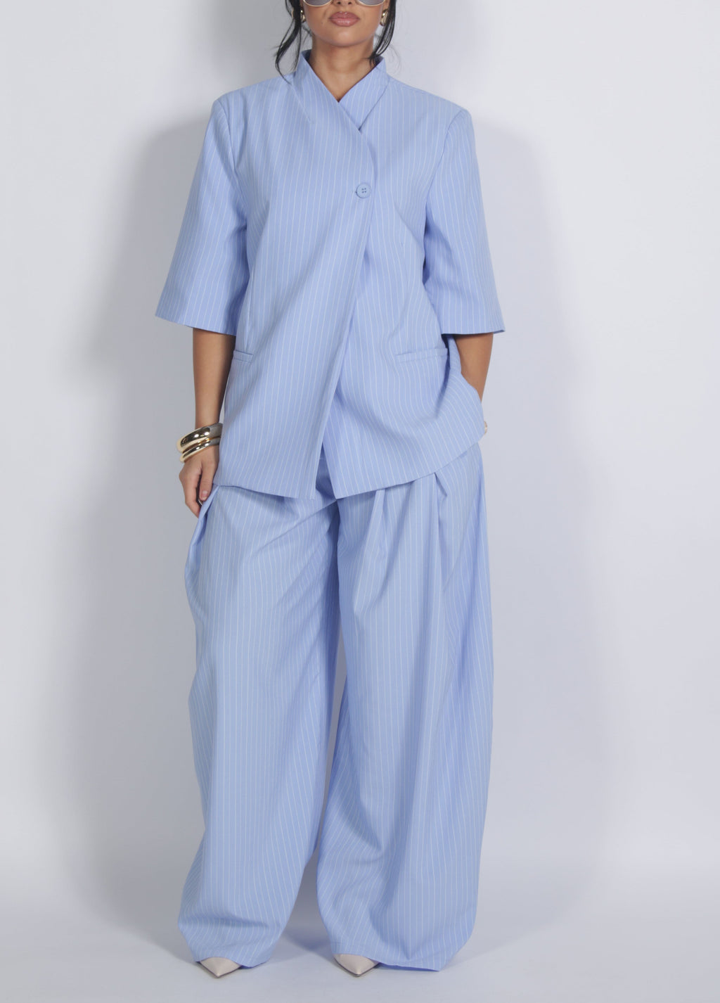 Blue Striped Oversized Shirt & Wide Leg Pants Set