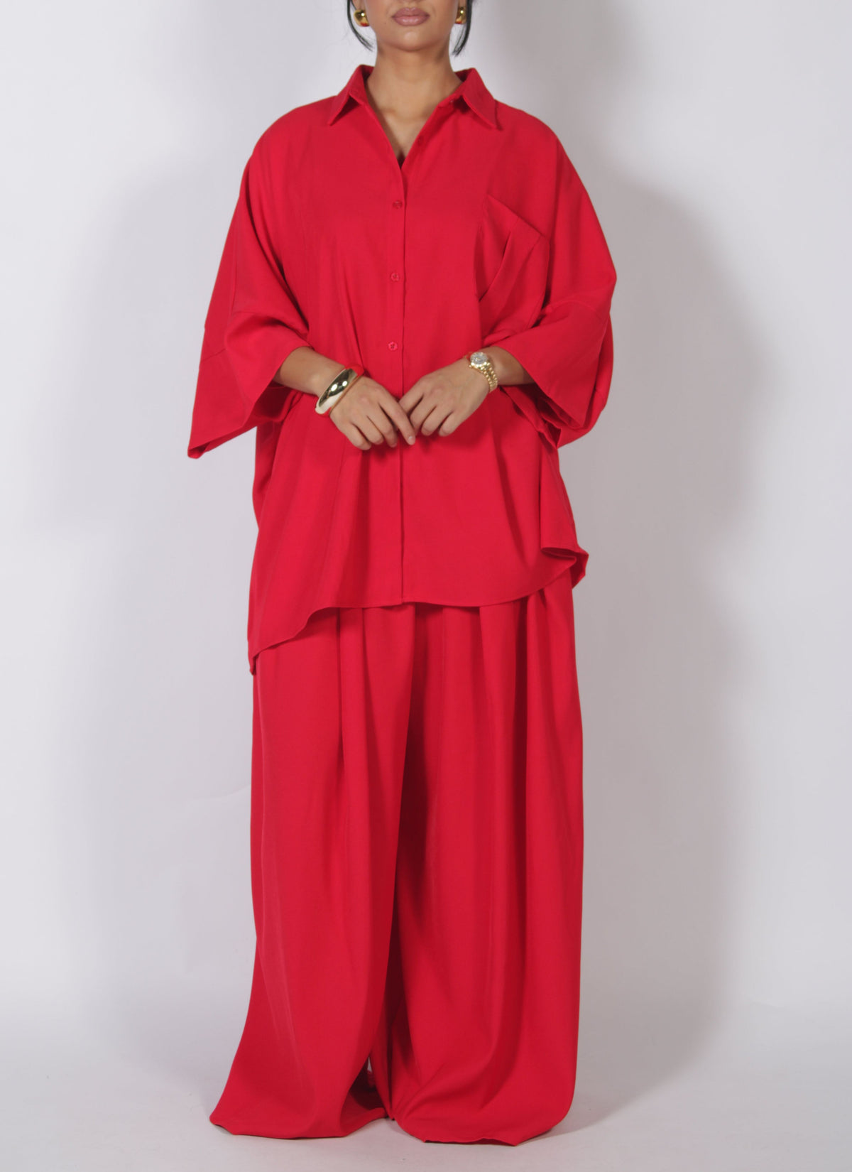 Red Oversized Batwing Sleeve Shirt & Wide Leg Pants Set