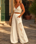 White Lace Panel Drawstring High Waist Wide Leg Pants