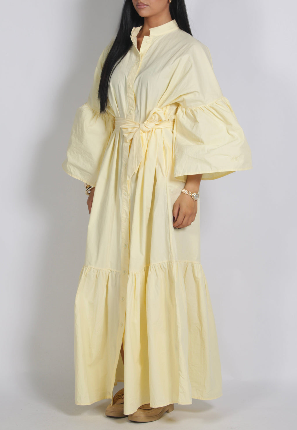 Tie Waist Balloon Sleeve Button-Front Maxi Shirt Dress