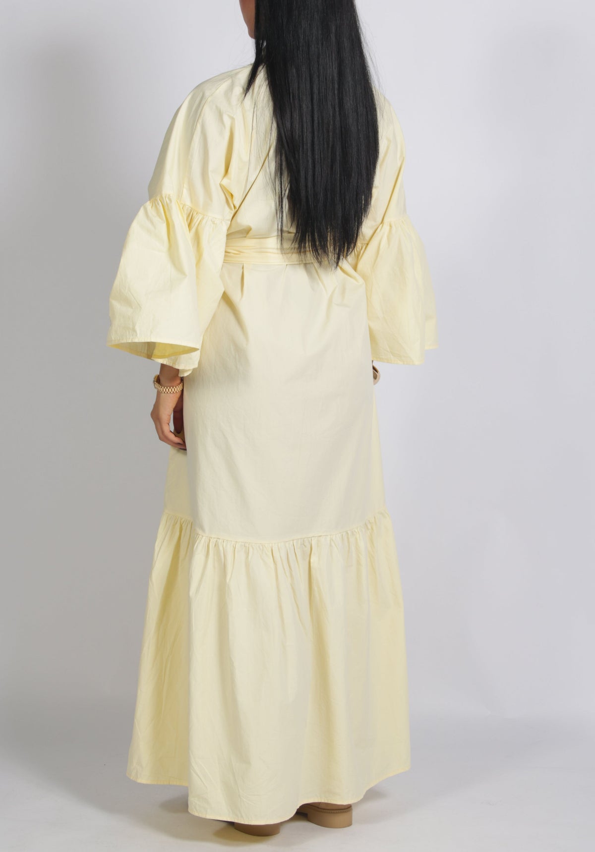 Tie Waist Balloon Sleeve Button-Front Maxi Shirt Dress