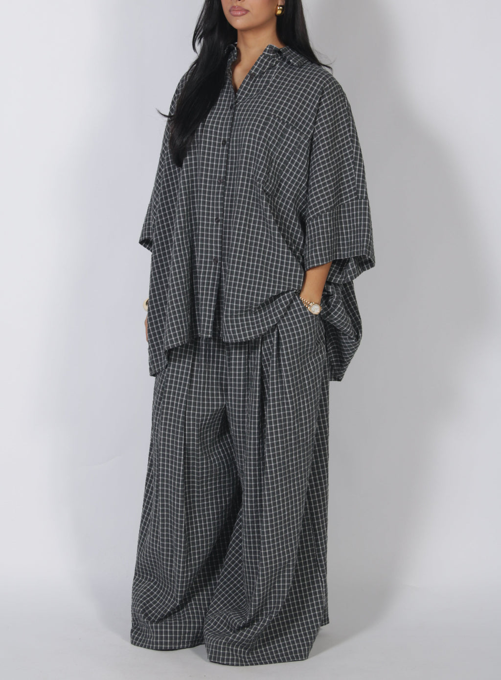 Oversized Plaid Shirt & Wide Leg Pants Set