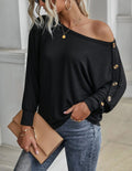 Women's Off-the-Shoulder Batwing Sleeve Top with Button Detail Loose Casual Blouse
