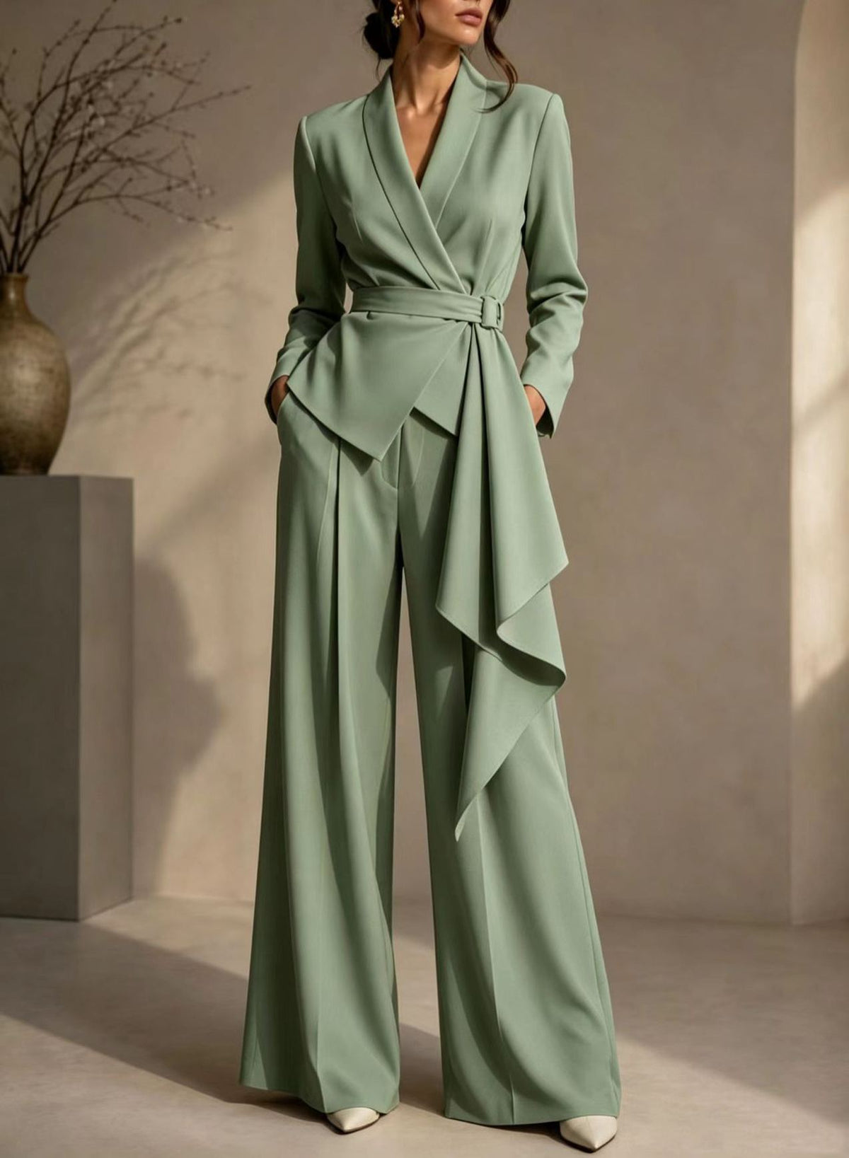 🤍 Women’s Irregular Blazer Suit Wrap Belted Jacket & Wide Leg Pants Two-Piece Set