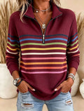 2026 Early Black Friday Sale 🐦Women's Rainbow Stripe Quarter-Zip Pullover, Retro Sporty Collared Waffle Knit Top - Oversized Casual