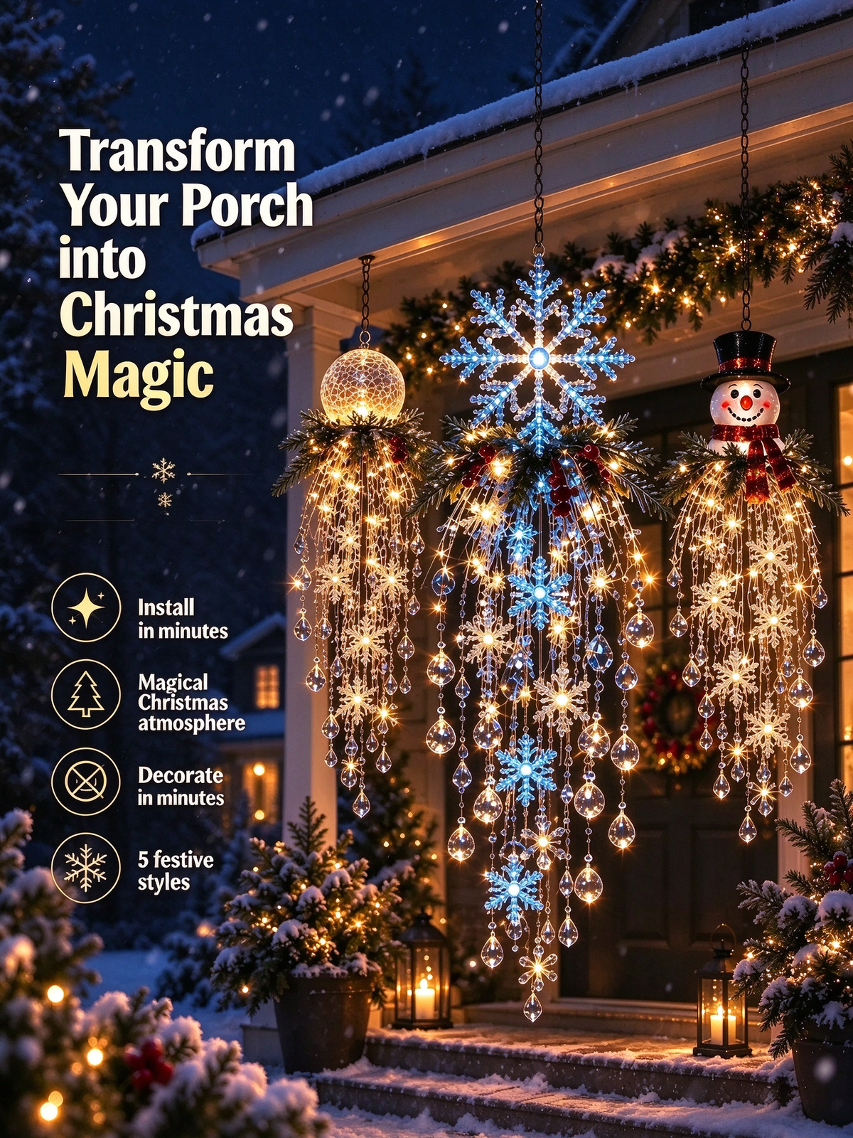 🔥 60% OFF TODAY 🎅 Hanging LED Christmas Light Decoration with Snowflake & Crystal | Magical Glow for Your Porch ✨