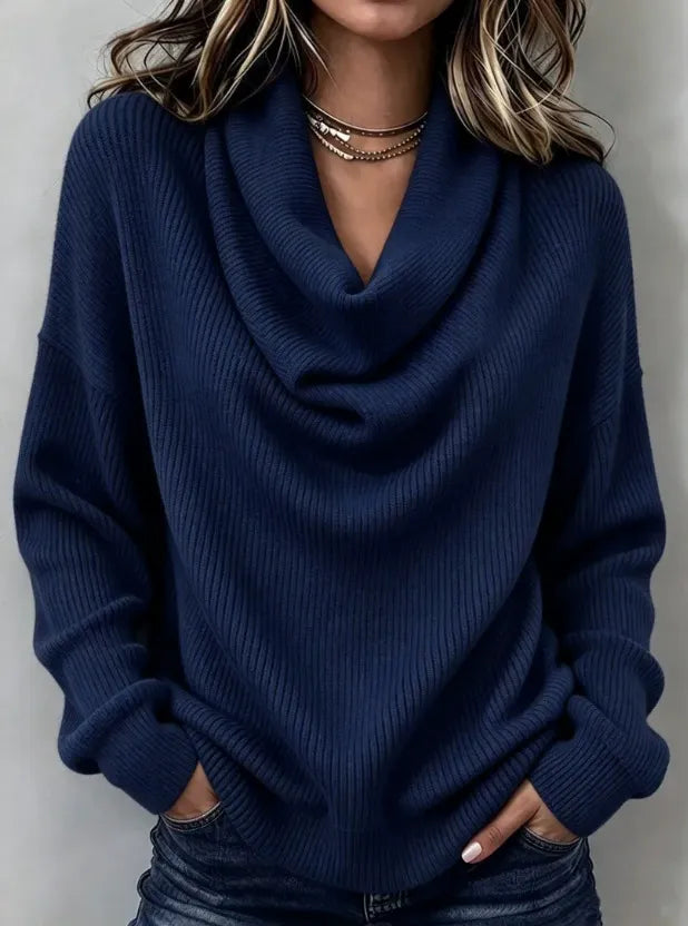 Women's Cowl Neck Knit Sweater, Long Sleeve Solid Pullover Top