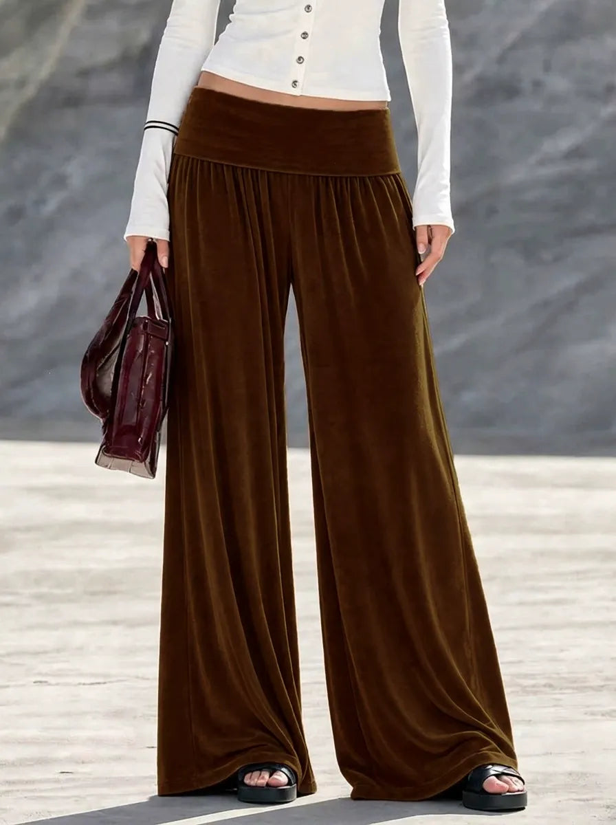 Women's Velvet Wide Leg Pants, High Waist Fold Over Waistband Flowy Trousers