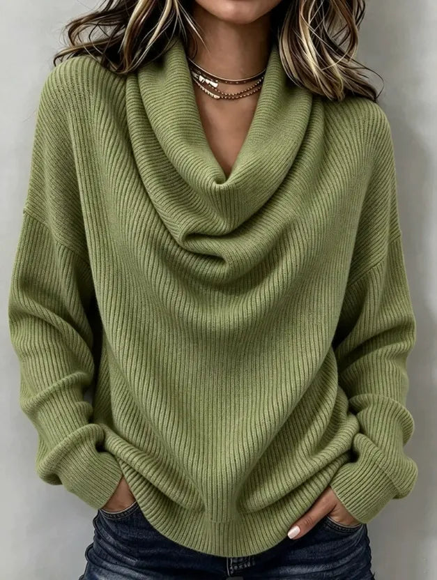 Women's Cowl Neck Knit Sweater, Long Sleeve Solid Pullover Top