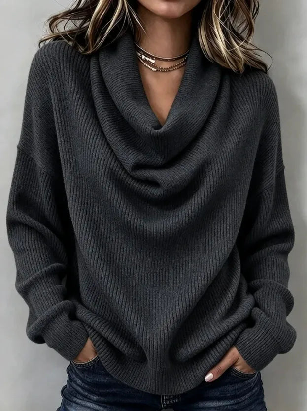 Women's Cowl Neck Knit Sweater, Long Sleeve Solid Pullover Top
