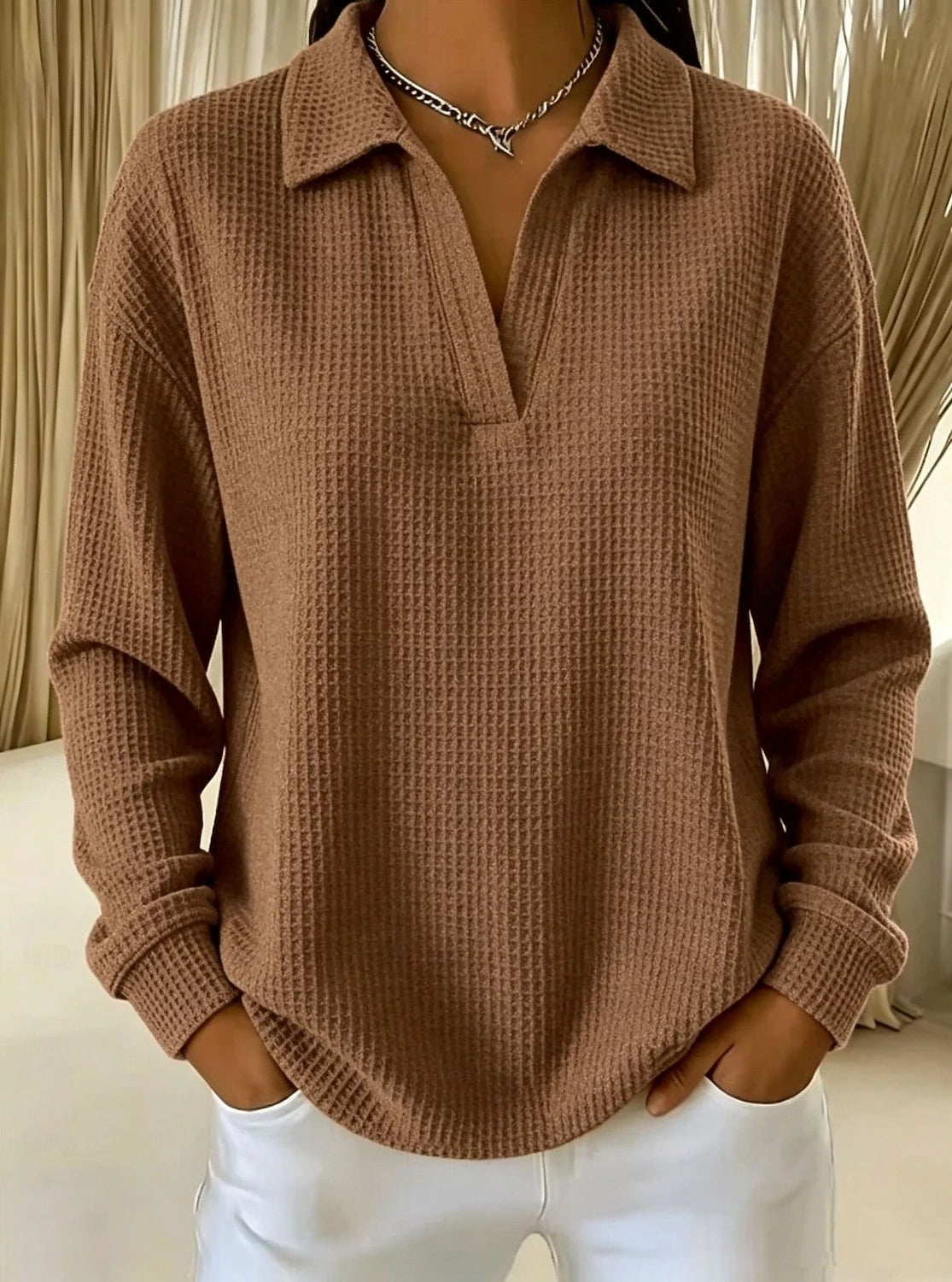 CLEARANCE SALE🔥 Women’s Oversized Waffle Polo Blouse
