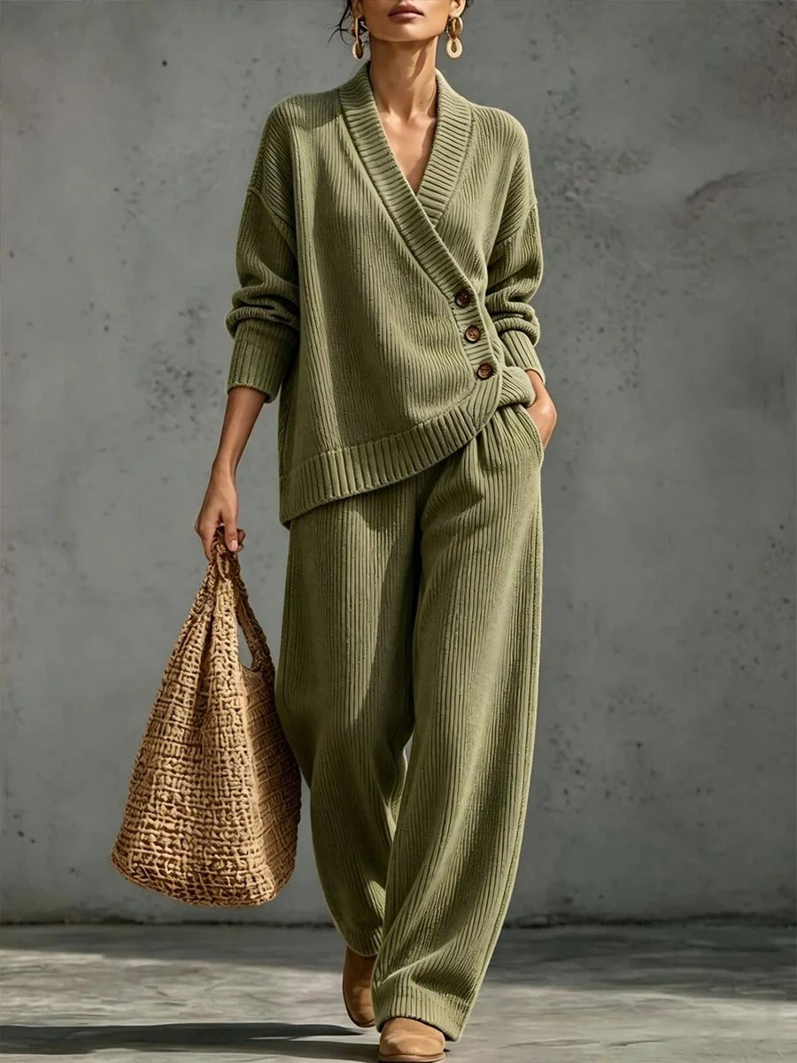 Women's Wrap V-Neck Knit Top & Wide Leg Pants Two Piece Loungewear Set