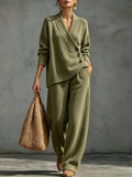 Women's Wrap V-Neck Knit Top & Wide Leg Pants Two Piece Loungewear Set