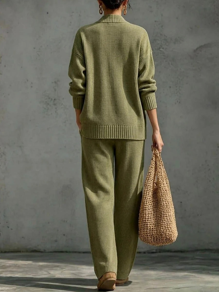 Women's Wrap V-Neck Knit Top & Wide Leg Pants Two Piece Loungewear Set