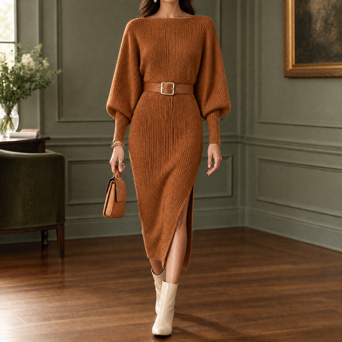 Long Sleeve Ribbed Knit Midi Dress with Belt and Side Slit for Women