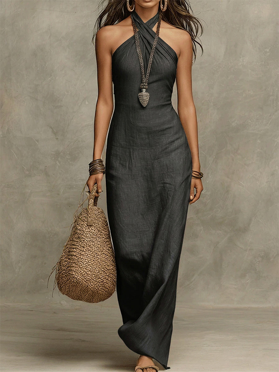 Relaxed Soft Drape HalterColumn Linen Halter Maxi Dress