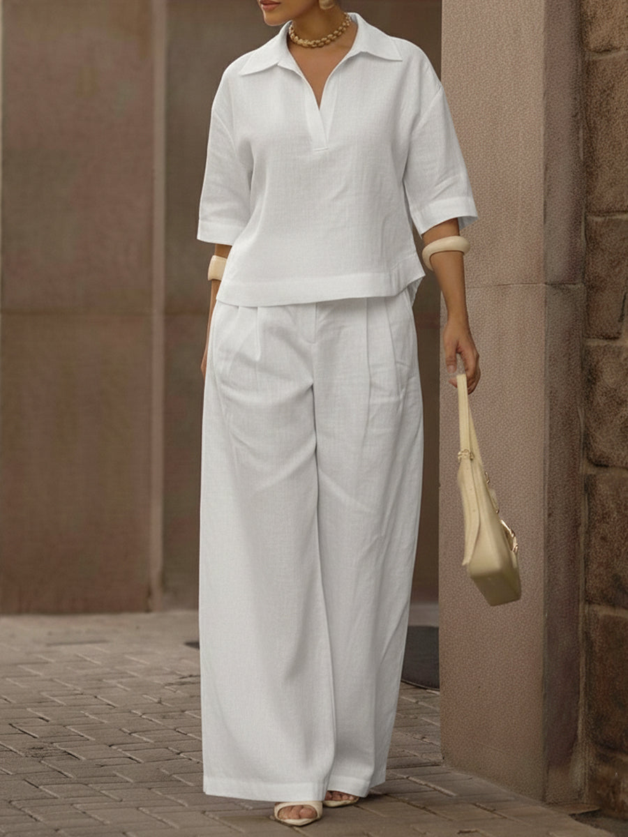 Women's Casual Linen And Cotton Shirt And Wide-leg Pants Two-piece Set