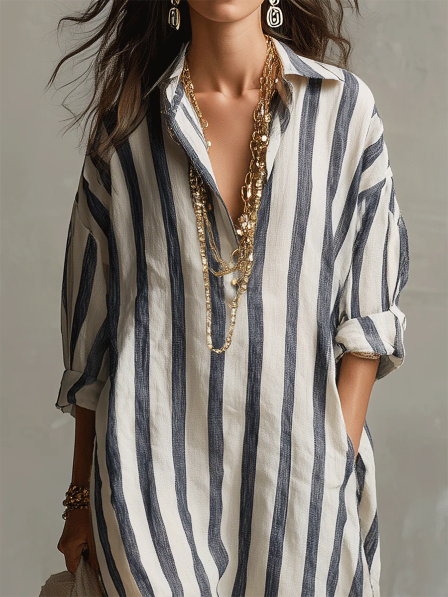 Casual And Cozy Striped Linen-cotton Dress