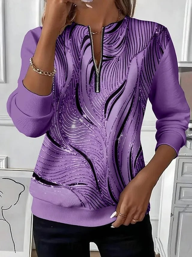 🔥BUY 2 FREE SHIPPING🔥 ✨Women’s Casual Top Color Block Print Zip V-Neck Long Sleeve Blouse